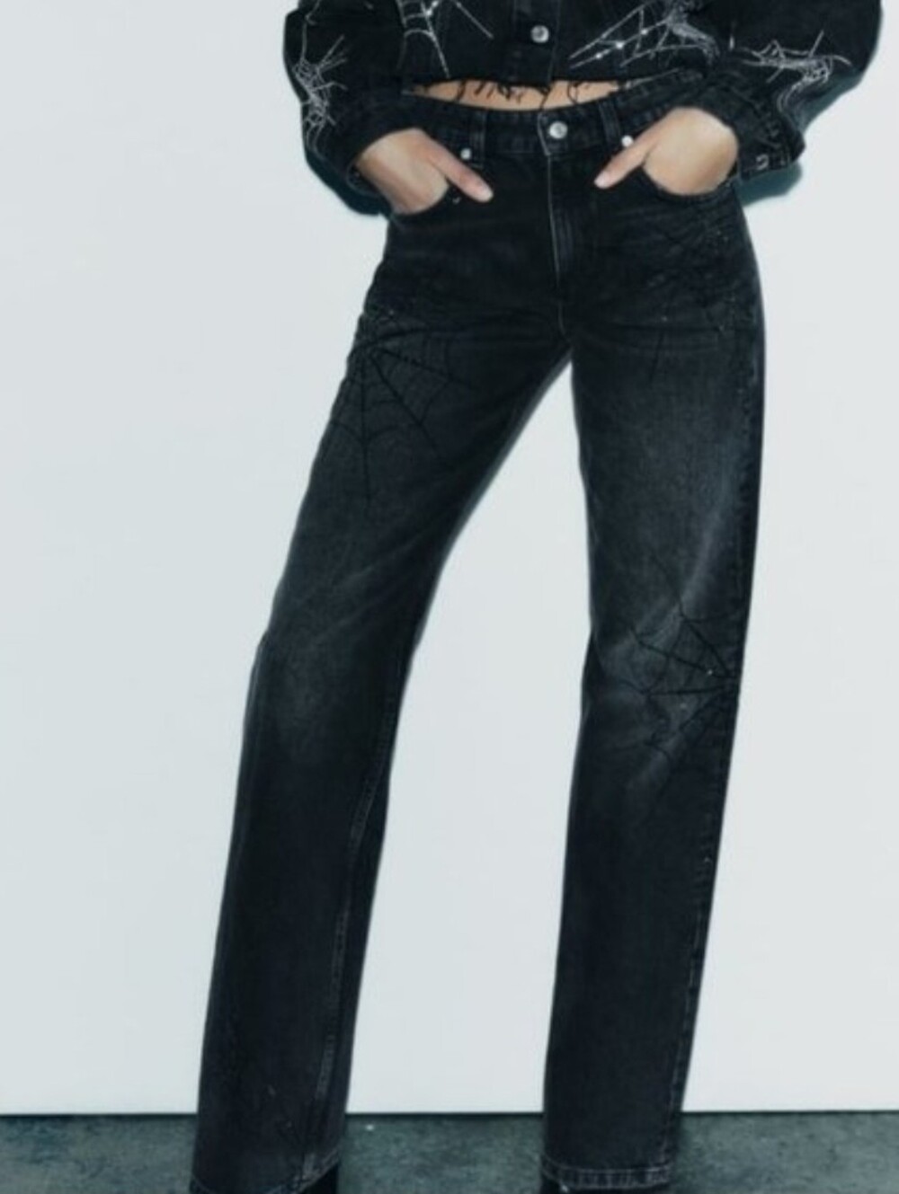 Zara Spiderweb TRF Rhinestone Mid-Rise Wide Leg Black Denim Jeans